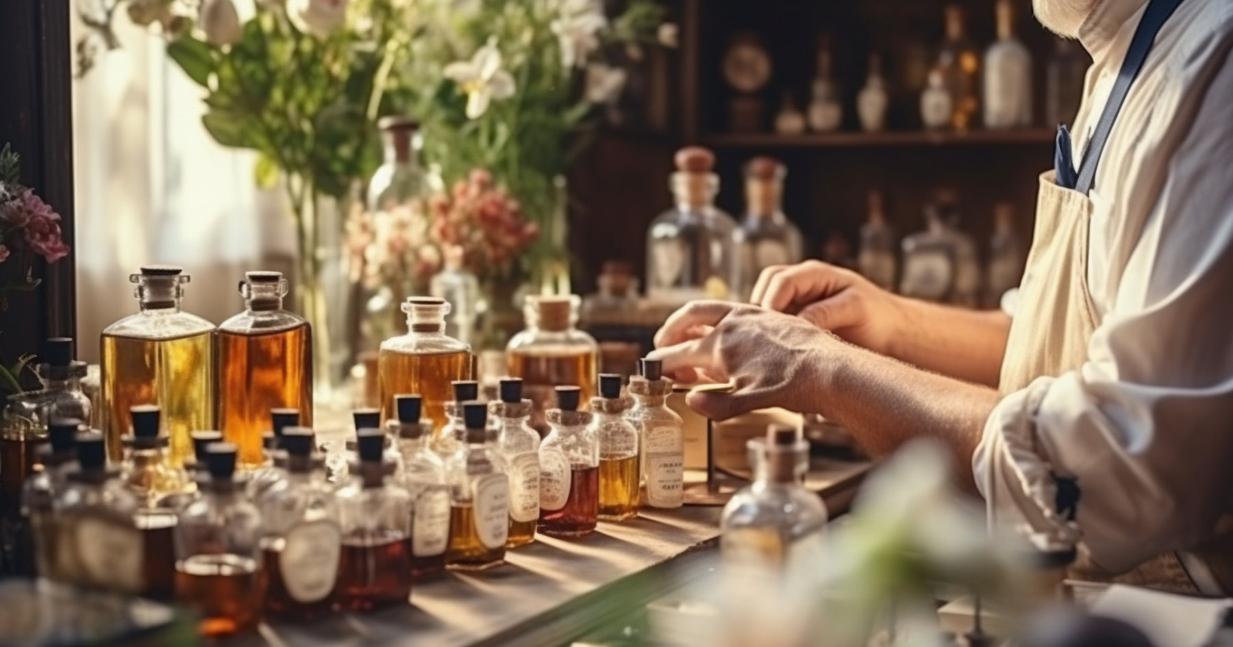 香水を調合している男性とたくさんの香水が並んでいる
